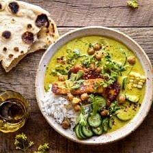 Summer Coconut Chickpea Curry with Rice and Fried Halloumi | halfbakedharvest.com #coconut #vegan #curry #easyrecipes #summer