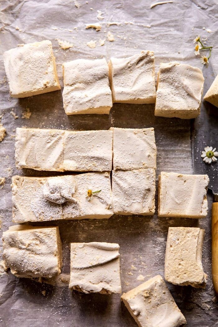 overhead photo of homemade honey marshmallows 