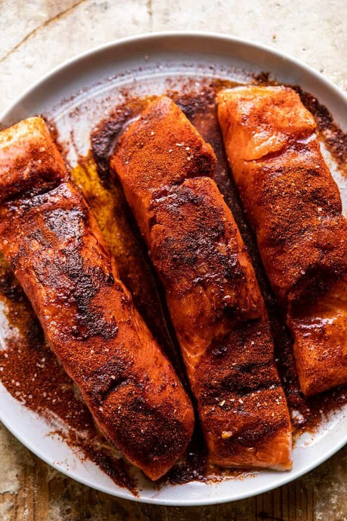 Cilantro Lime Salmon with Mango Salsa | halfbakedharvest.com #salmon #easyrecipes #healthyrecipes #dinner overhead photo of Cilantro Lime Salmon before cooking