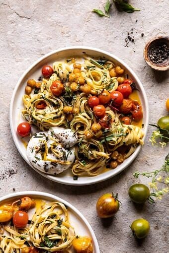 Jammy Cherry Tomato Pasta with Crisp Lemon Rosemary Chickpeas | halfbakedharvest.com #pasta #tomatoes #burrata
