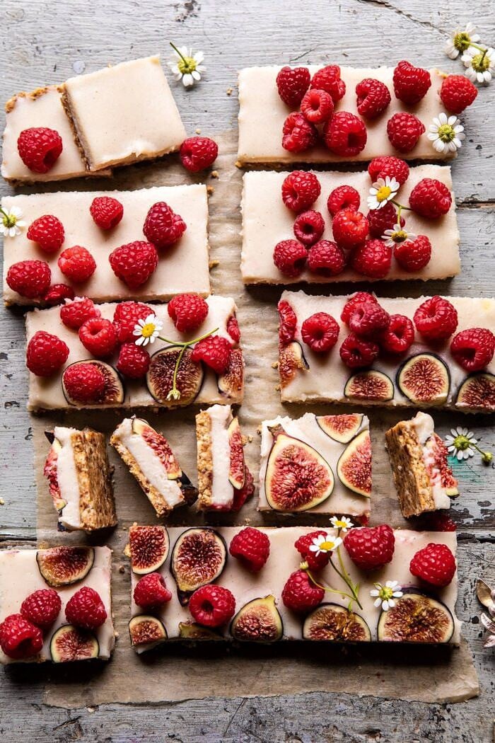 overhead photo of No Fuss Healthy Coconut Tart with tar cut into multiple bars