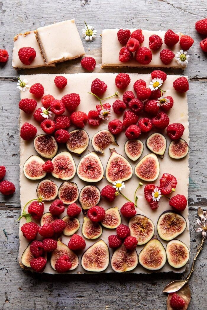 overhead photo of No Fuss Healthy Coconut Tart with 1 row of bars cut