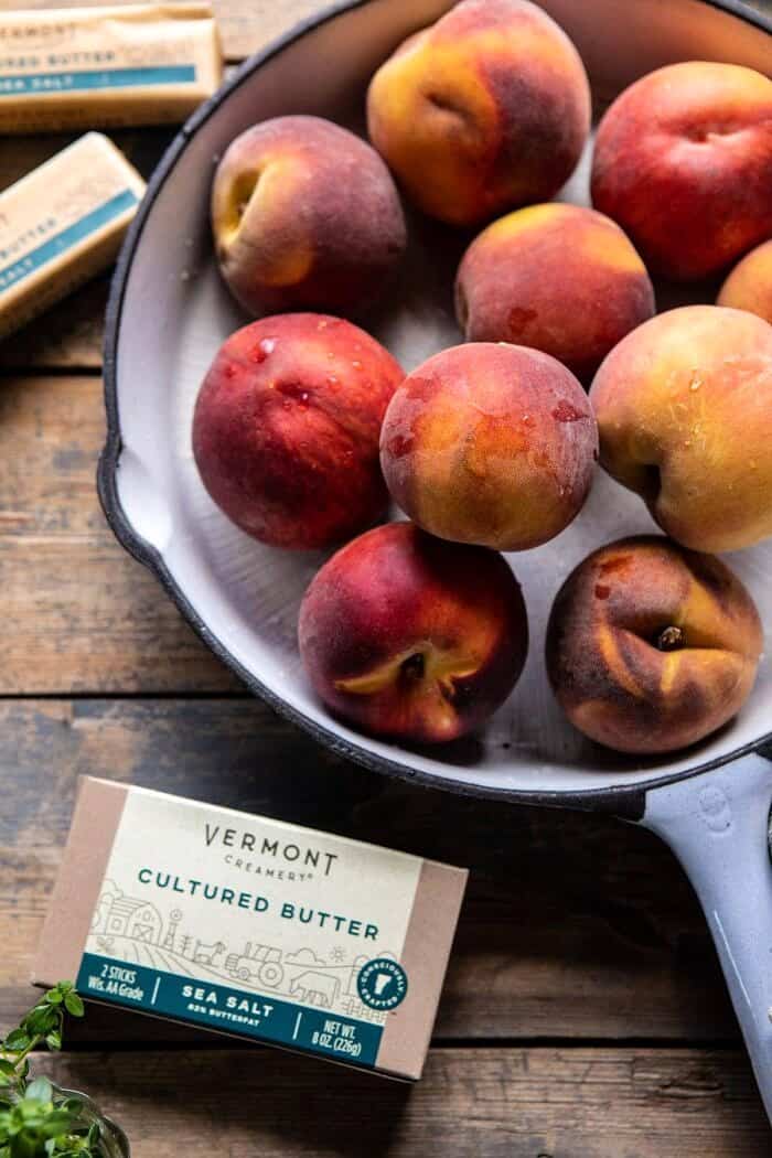 overhead process photo of peaches with butter in photo 