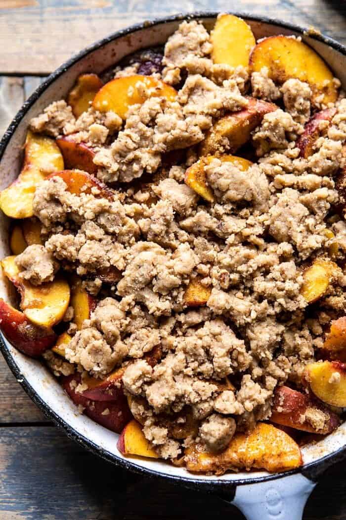 overhead photo of Skillet Brown Sugar Peach Cobbler before baking