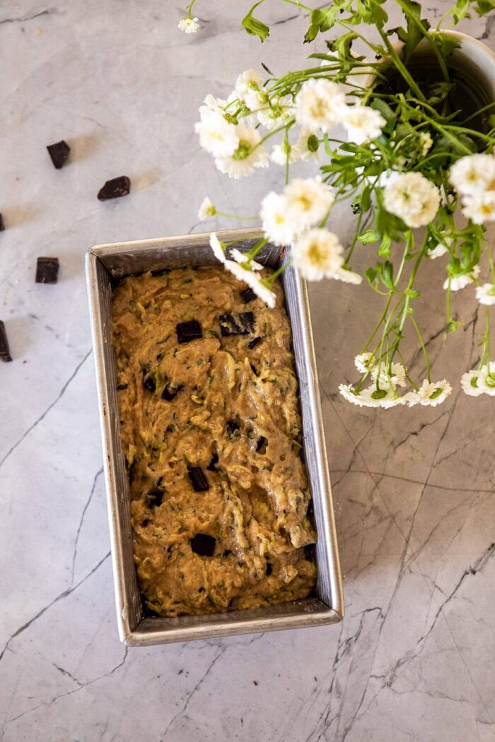 overhead photo of Sneaky Zucchini Chocolate Chunk Coconut Bread before baking 