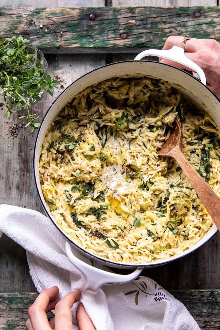 Souper Creamy Lemon Butter Cheesy Zucchini Orzo | halfbakedharvest.com #orzo #easyrecipes #zucchini