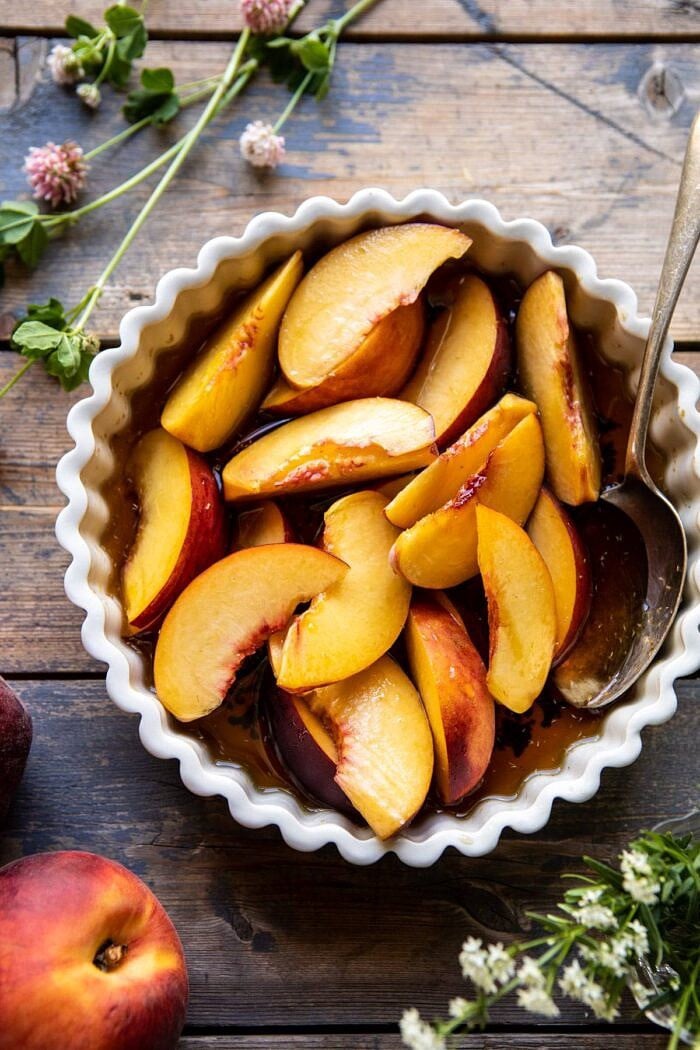 overhead photo of Peaches in honey