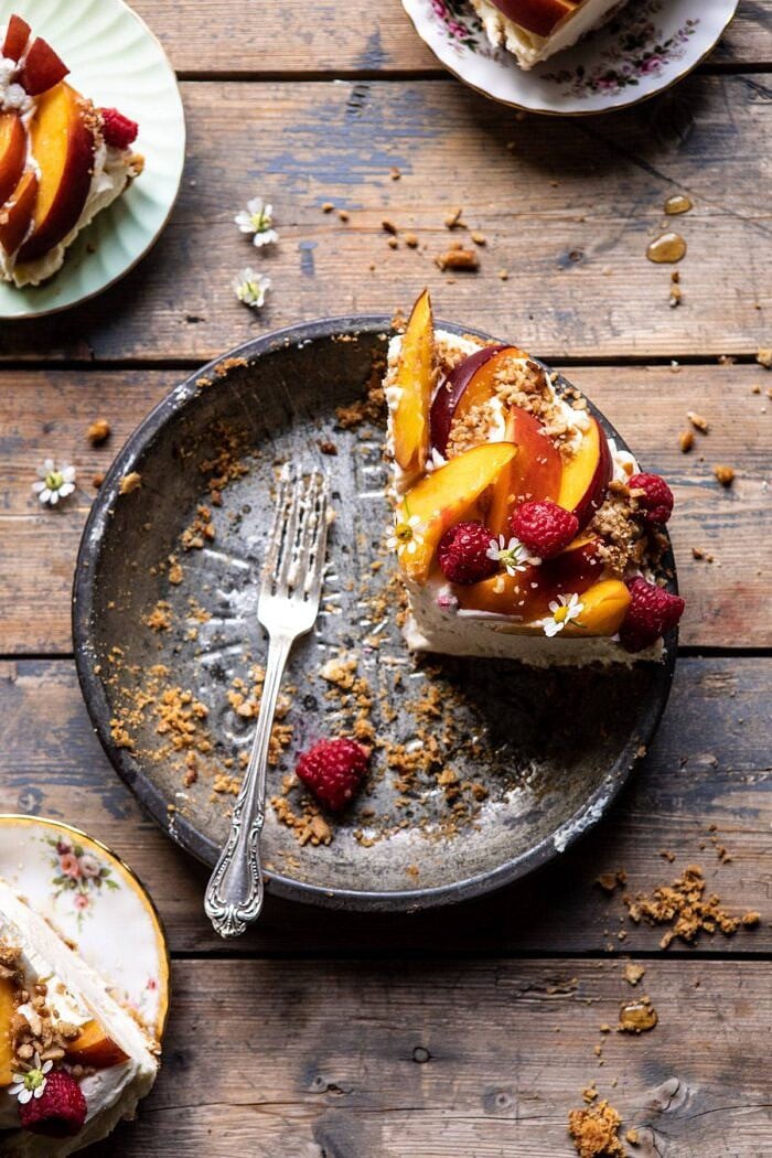 overhead photo of Peaches and Cream Pretzel Pie slice in pan