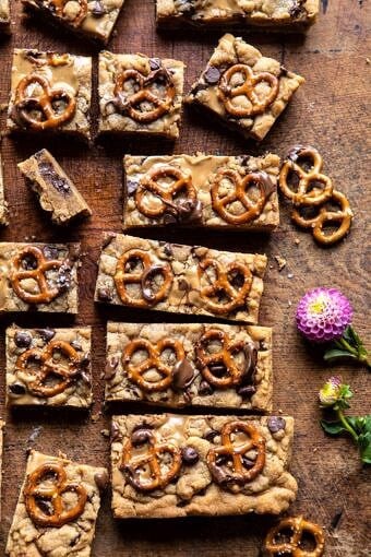 Chocolate Peanut Butter Pretzel Blondies | halfbakedharvest.com #peanutbutter #chocolate #pretzels #fall #autumn #dessert