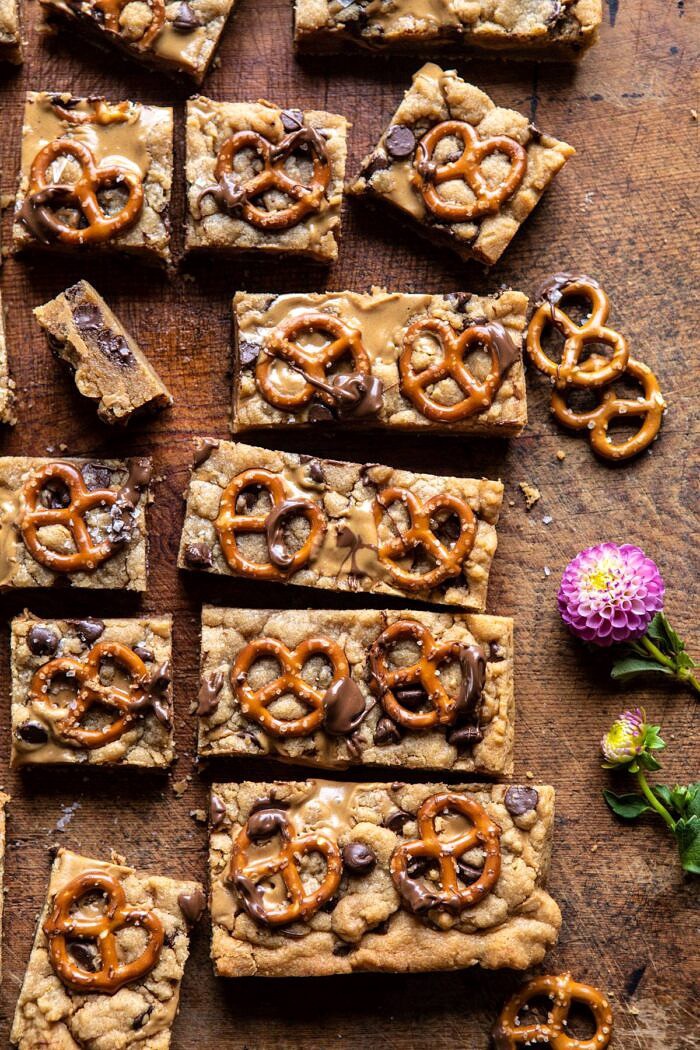 overhead photo of Chocolate Peanut Butter Pretzel Blondies