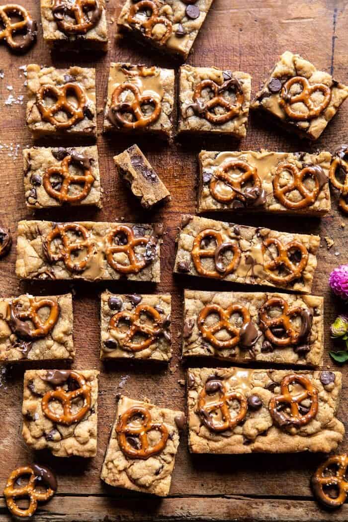overhead photo of Chocolate Peanut Butter Pretzel Blondies
