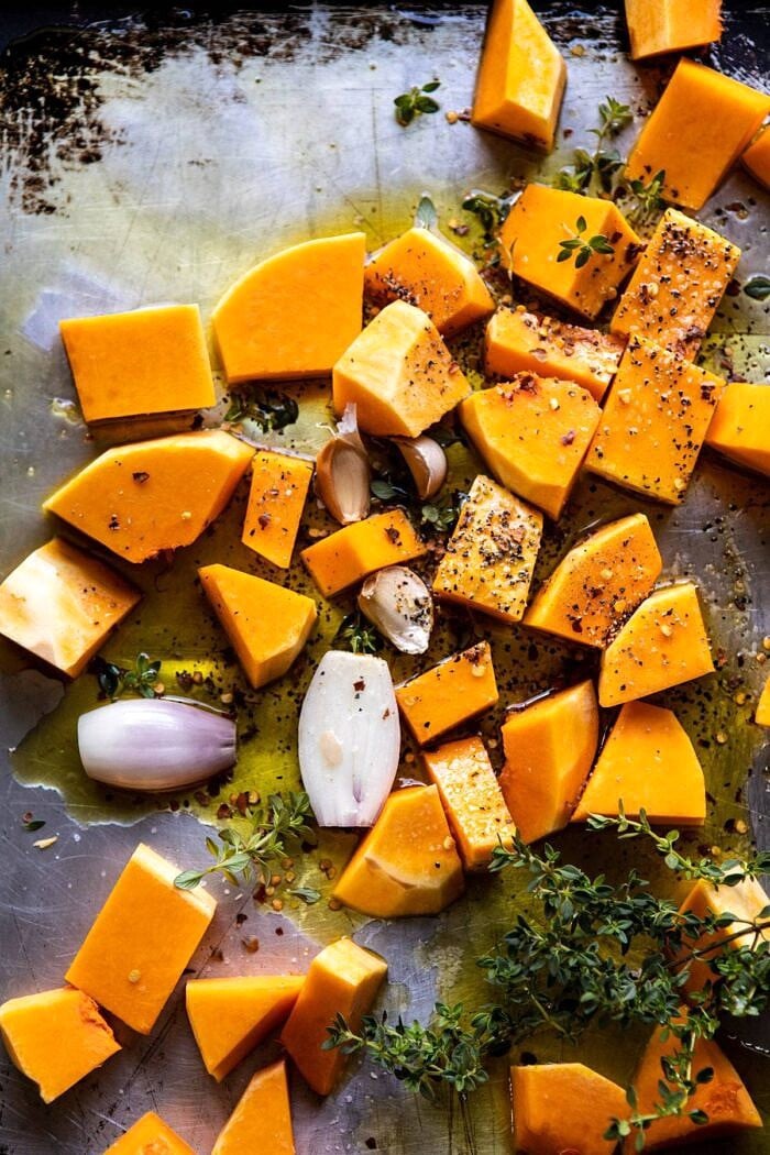 butternut squash on sheet pan before roasting