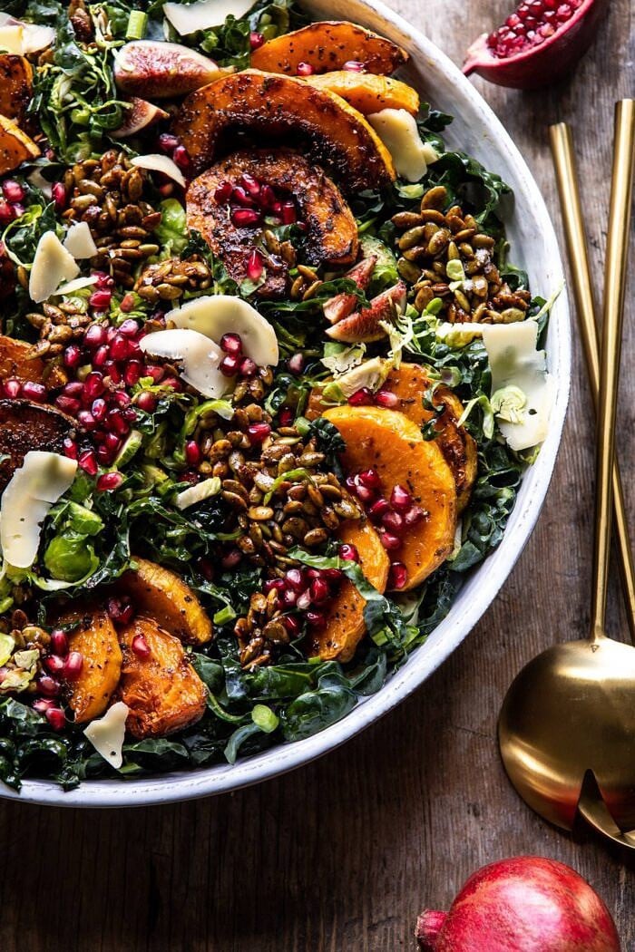 side angled photo of Fall Harvest Roasted Butternut Squash and Pomegranate Salad 