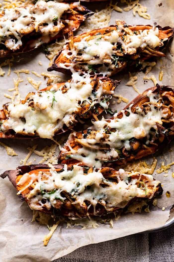 overhead photo of Healthy Chipotle Chicken Sweet Potato Skins on baking sheet after baking 
