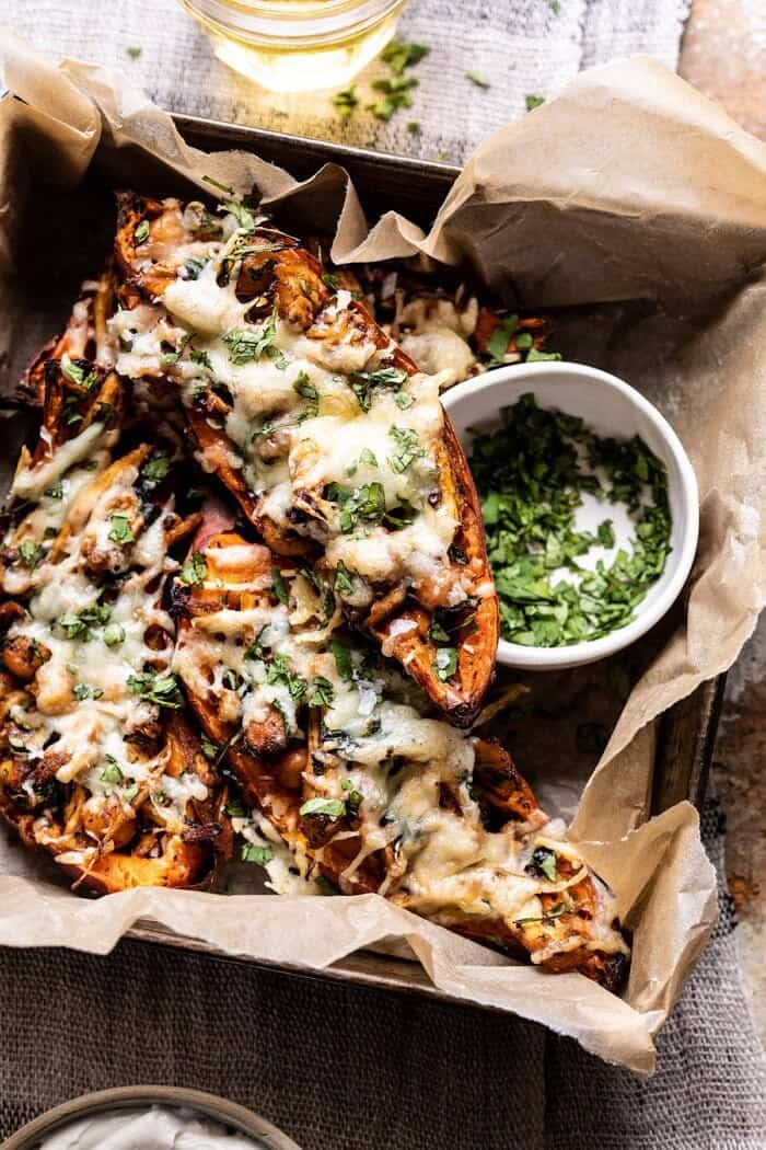 Healthy Chipotle Chicken Sweet Potato Skins | halfbakedharvest.com #sweetpotatoes #healthyrecipes #chicken