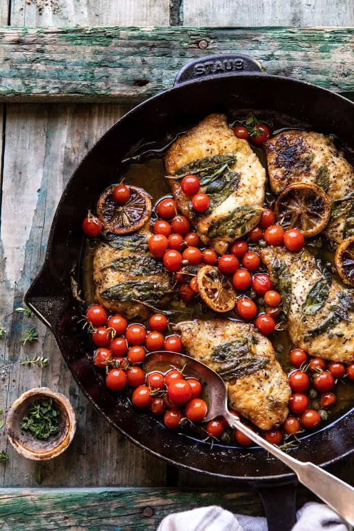 overhead photo of Sage Lemon Butter Chicken Piccata in skillet 