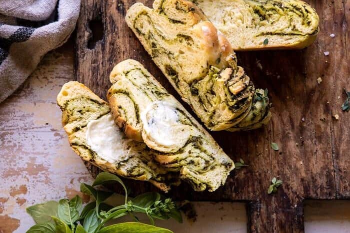 Swirled Garlic Herb Bread | halfbakedharvest.com #garlicbread #herbbread #homemadebread horizontal photo of Swirled Garlic Herb Bread