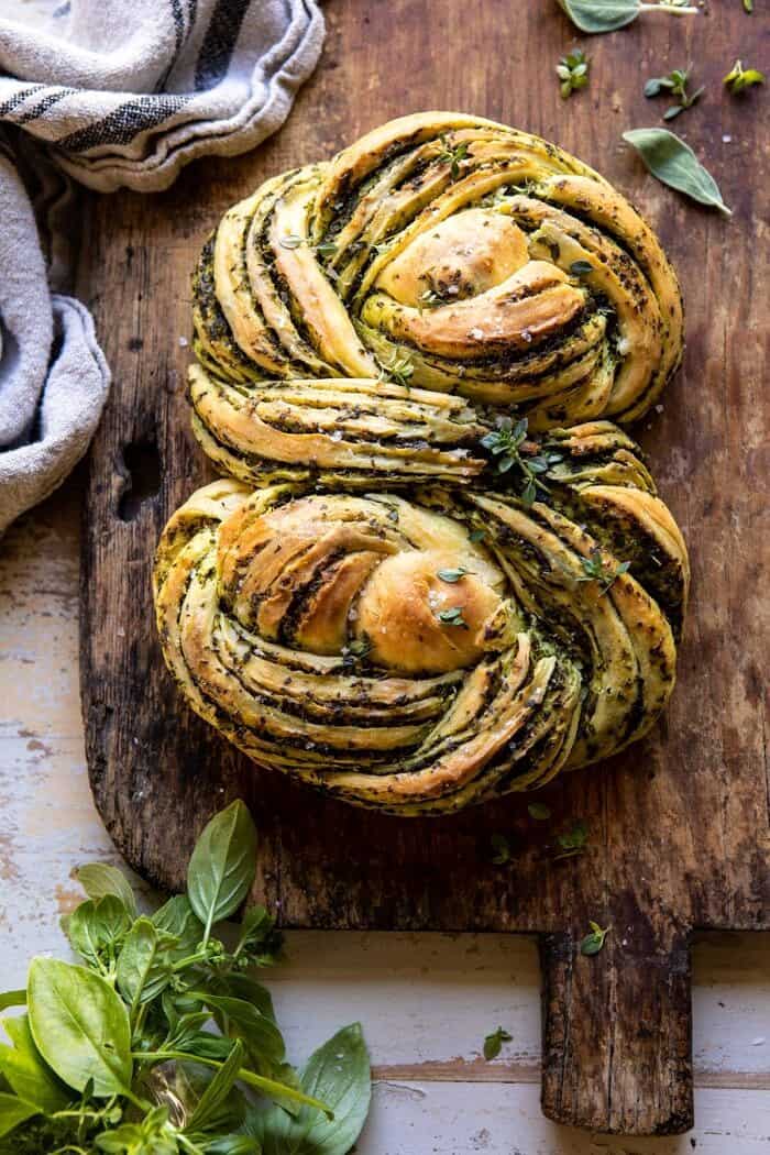 Swirled Garlic Herb Bread | halfbakedharvest.com #garlicbread #herbbread #homemadebread overhead photo of Swirled Garlic Herb Bread before slicing