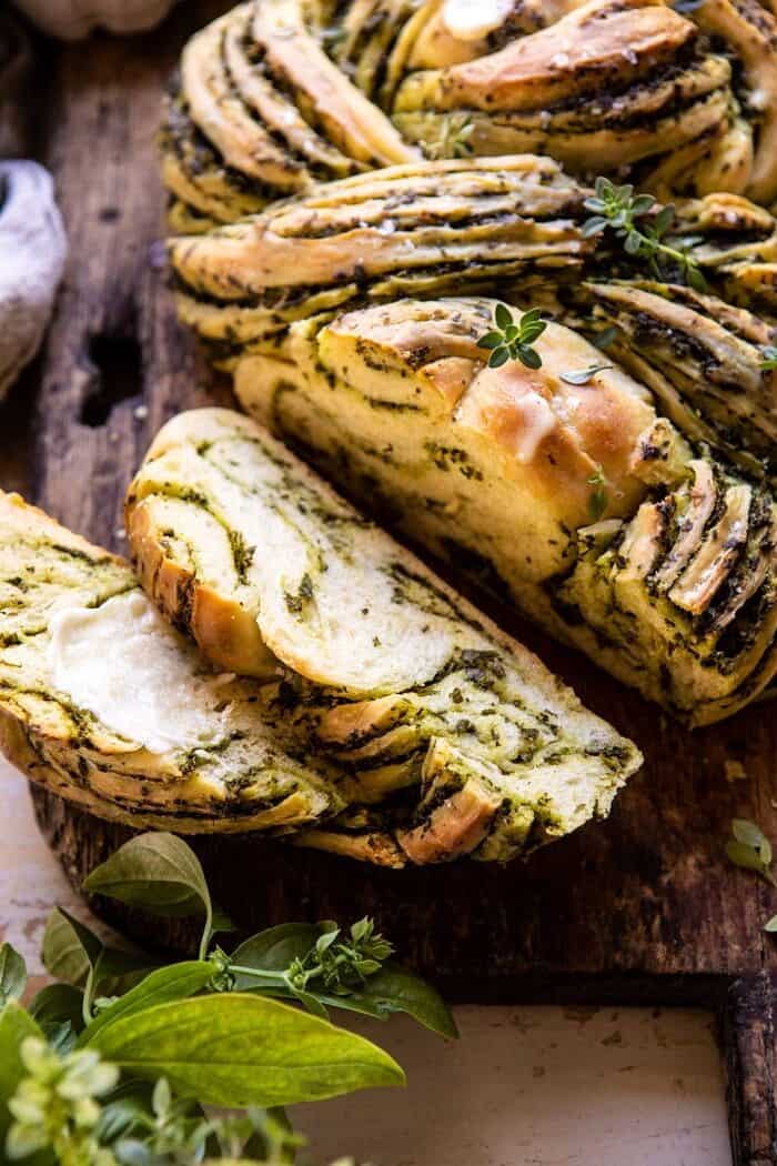 Swirled Garlic Herb Bread | halfbakedharvest.com #garlicbread #herbbread #homemadebread close up photo of Swirled Garlic Herb Bread