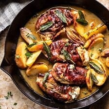 Prosciutto Apple and Sage Butter Chicken with Cider Pan Sauce | halfbakedharvest.com #chicken #apples #fallrecipes #skillet