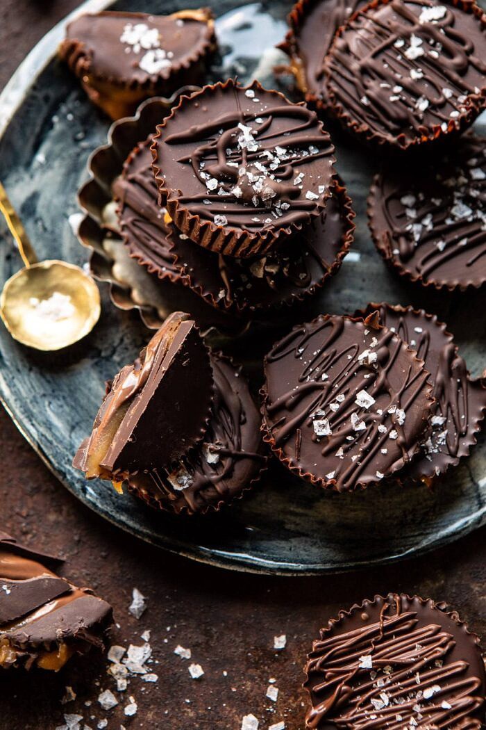 overhead close up photo 6 Ingredient Milk Chocolate Salted Caramel Cups stacked on plate