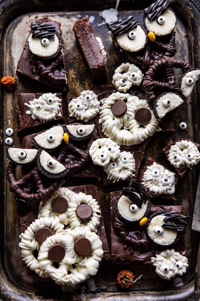 BOO! Spooky Monster Chocolate Covered Pretzel Brownies | halfbakedharvest.com #halloween #brownies #easyrecipes #dessert #fall