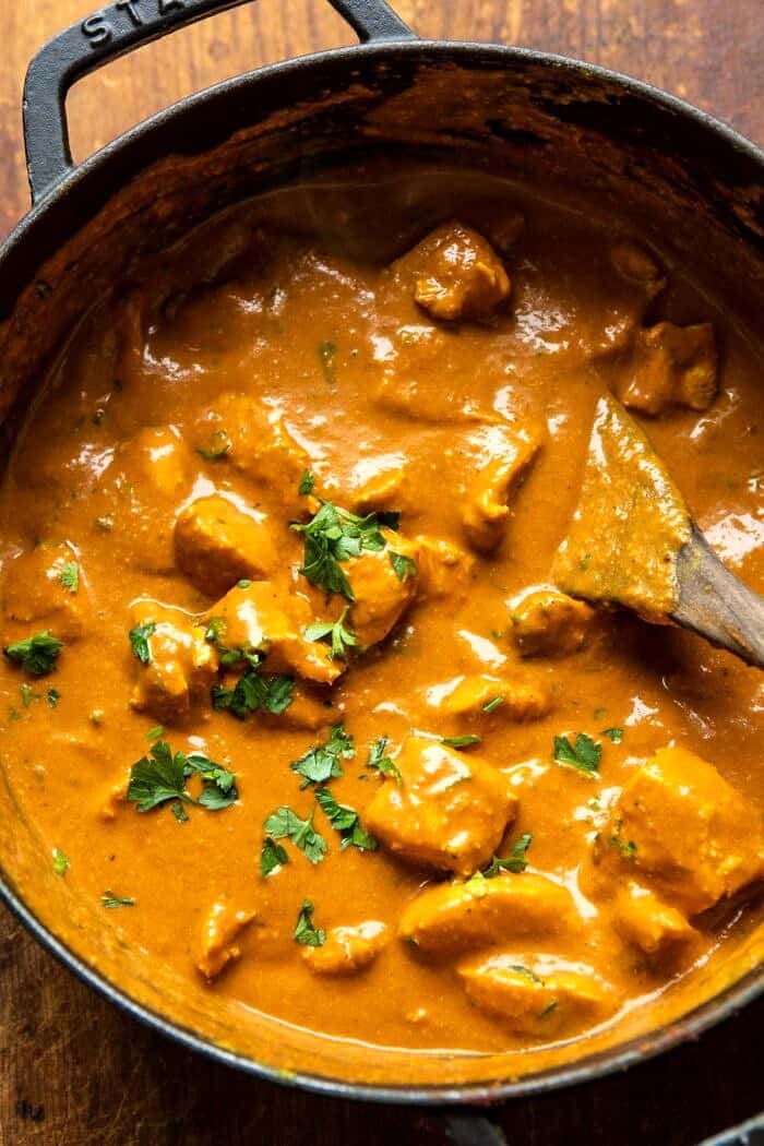 overhead photo of Super Simple Coconut Chicken Tikka Masala in skillet