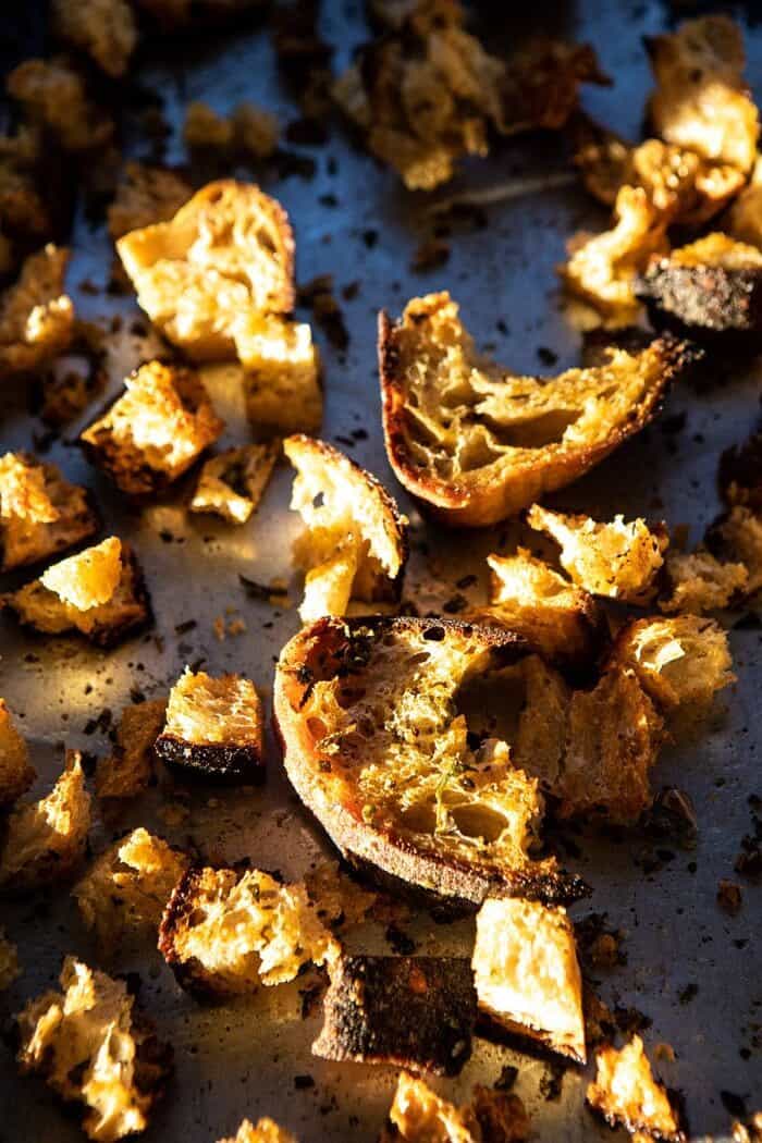 Garlic Herb Breadcrumbs on baking sheet after baking 