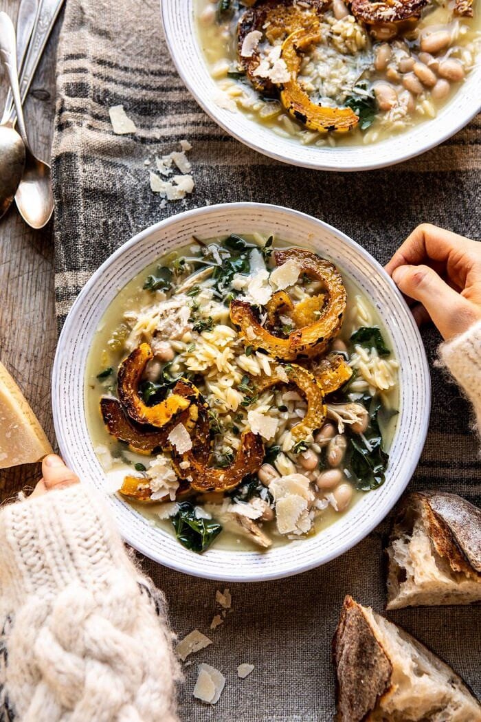 Crockpot Parmesan White Bean Chicken Soup with Roasted Delicata Squash | halfbakedharvest.com #crockpot #slowcooker #instantpot #chickensoup