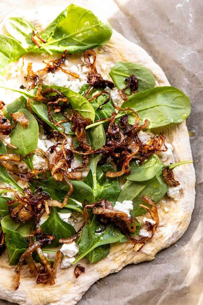 French Onion Mushroom Pizza | halfbakedharvest.com #pizza #mushrooms #easyrecipes French Onion Mushroom Pizza before baking