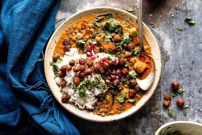 overhead horizontal photo of Sweet Potato Lentil Curry with Crispy Sesame Chickpeas 