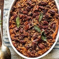 Bourbon Sweet Potato Casserole with Sweet n Savory Bacon Pecans | halfbakedharvest.com #sweetpotatoes #thanksgiving #casserole