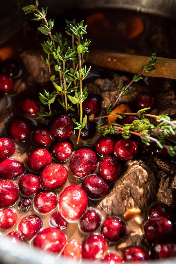 Cranberry Cider Braised Beef Stew with Rosemary Polenta | halfbakedharvest.com #slowcooker #instantpot #beef #polenta Cranberry Cider Braised Beef Stew with Rosemary Polenta in instant pot before cooking