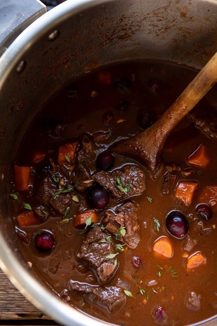 Cranberry Cider Braised Beef Stew with Rosemary Polenta | halfbakedharvest.com #slowcooker #instantpot #beef #polenta Cranberry Cider Braised Beef Stew in instant pot after cooking