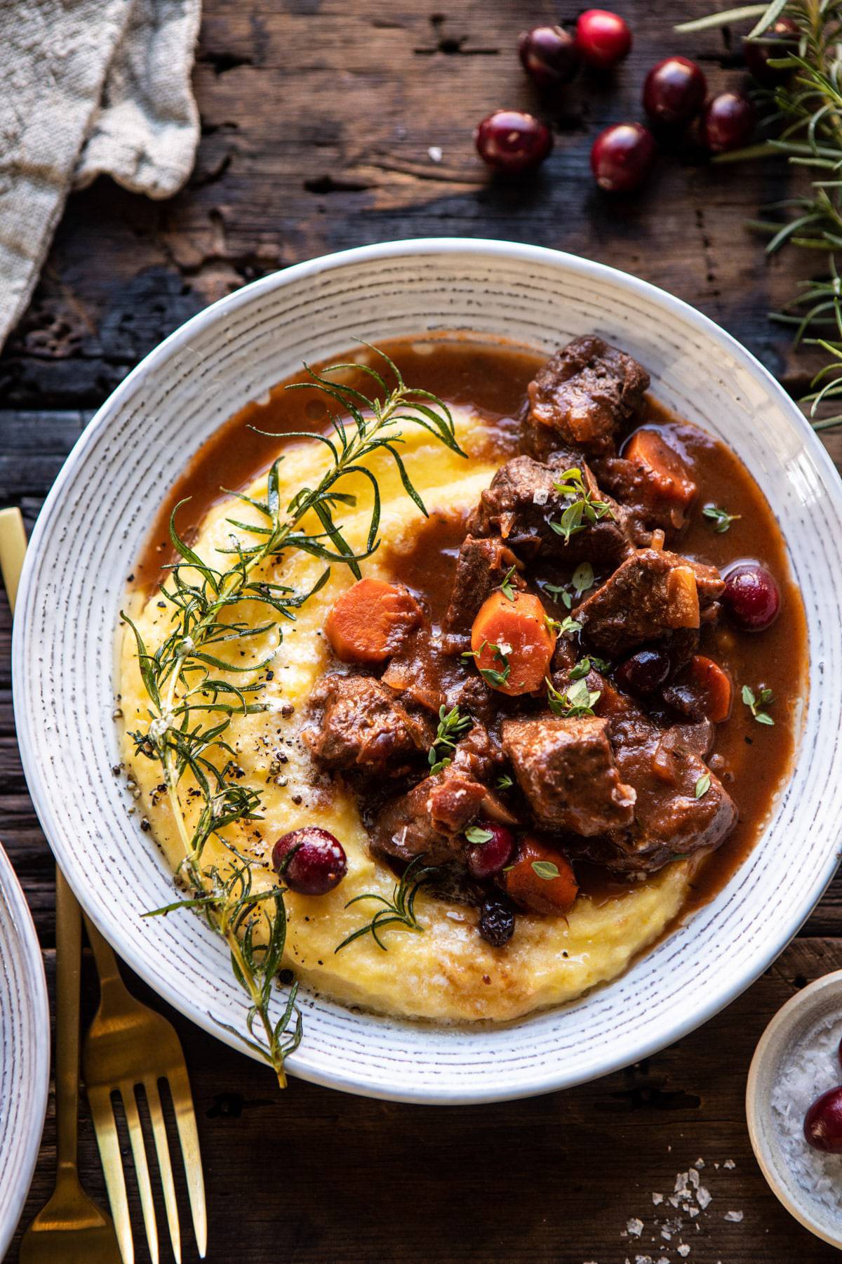 Cranberry Cider Braised Beef Stew with Rosemary Polenta | halfbakedharvest.com #slowcooker #instantpot #beef #polenta