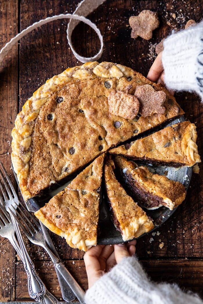 Gooey Chocolate Chip Cookie Pumpkin Pie | halfbakedharvest.com #cookiepie #thanksgiving #pumpkinpie