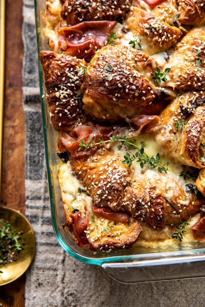 overhead close up photo of Ham and Cheese Croissant Bake 