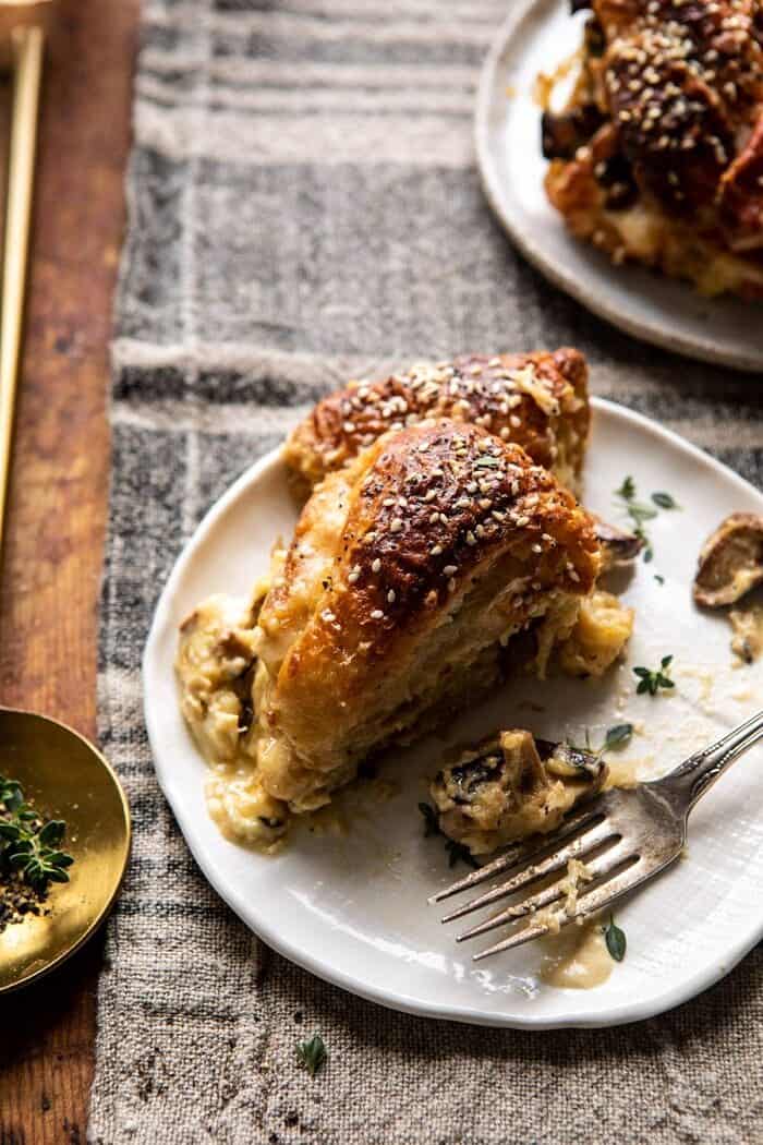 Ham and Cheese Croissant Bake on plate with fork