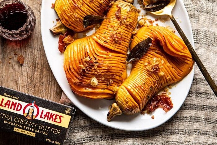 Hasselback Butternut Squash with Sage Butter and Prosciutto Breadcrumbs | halfbakedharvest.com #thanksgiving #sidedishes #butternutsquash