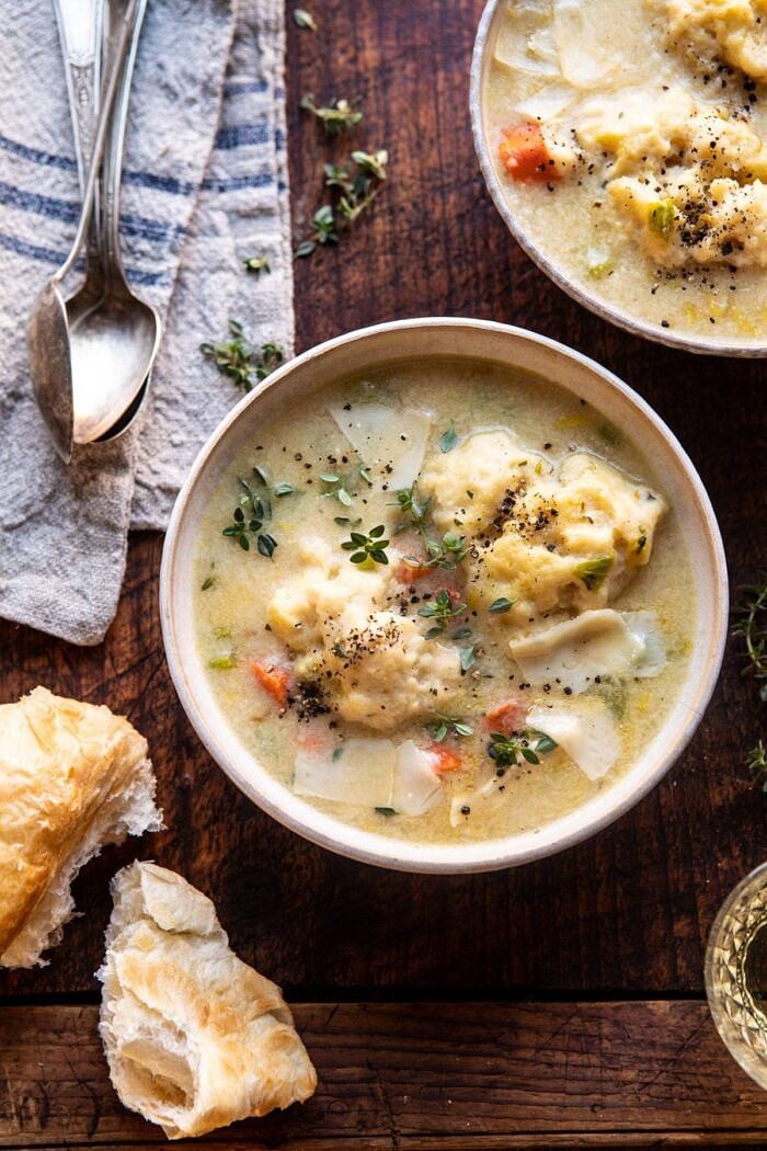 overhead photo of One Pot Creamy Turkey and Potato Dumplings in soup bowls 