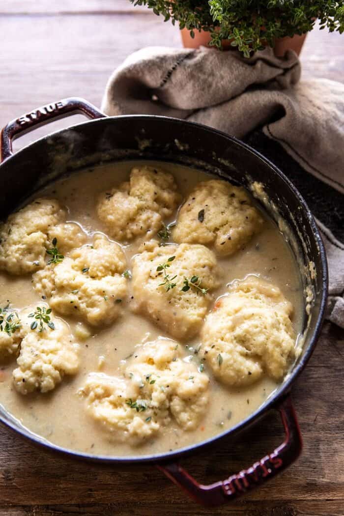 overhead photo of One Pot Creamy Turkey and Potato Dumplings in pot