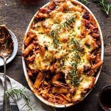 One Pot Spicy Pesto Cheese Baked Rigatoni | halfbakedharvest.com #pasta #pesto #holiday