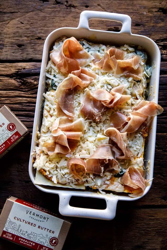 overhead photo of Roasted Butternut Squash and Spinach Lasagna before baking