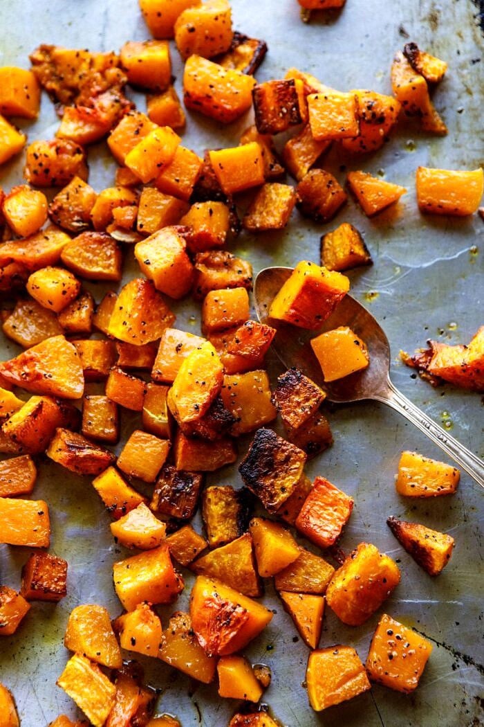overhead photo of Roasted Butternut Squash on baking sheet