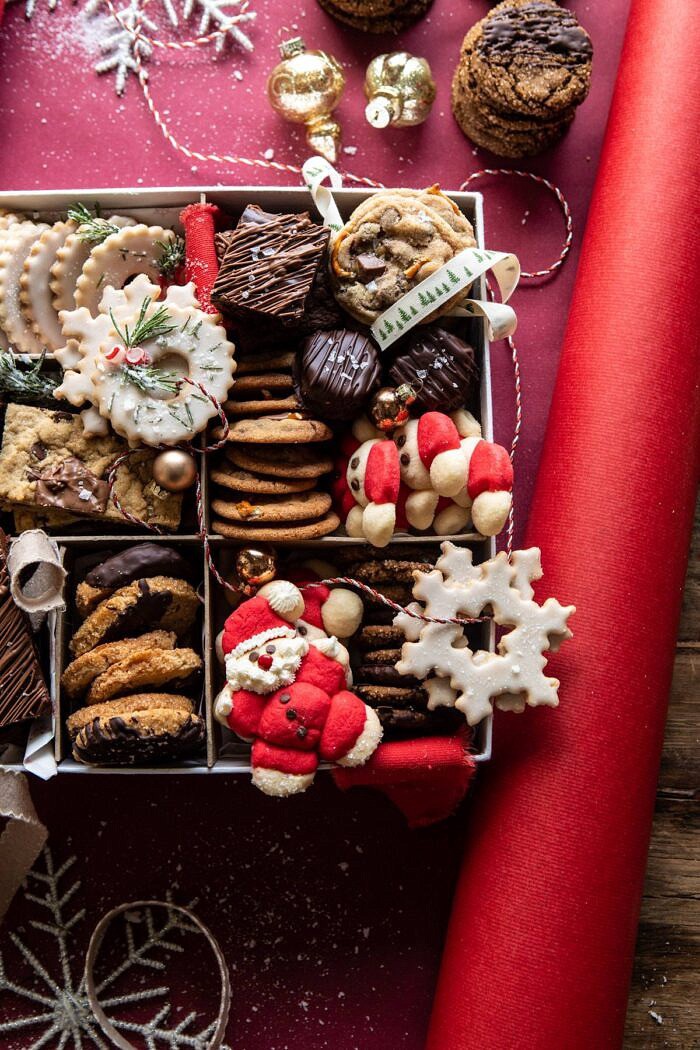 2019 Holiday Cookie Box | halfbakedharvest.com #cookies #christmas #cookiebox #howto side angled photo of 2019 Holiday Cookie Box