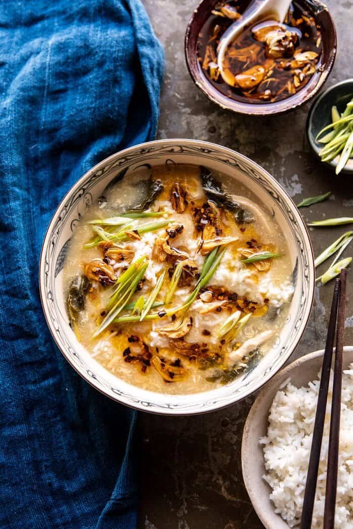30 Minute Chinese Egg Drop Chicken Rice Soup with Garlicky Chile Oil | halfbakedharvest.com #chinese #easyrecipes #30minutedinner #soup