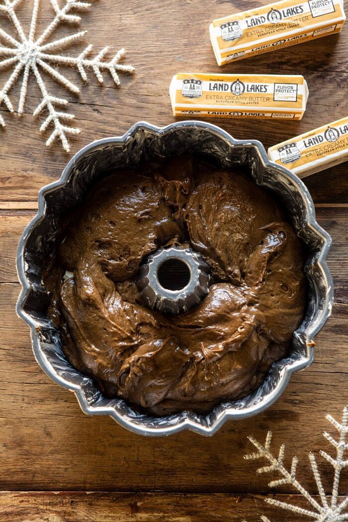 Cream Cheese Swirled Chai Gingerbread Cake | halfbakedharvest.com #gingerbread #cake #Christmas #dessert overhead photo of Cream Cheese Swirled Chai Gingerbread Cake before baking