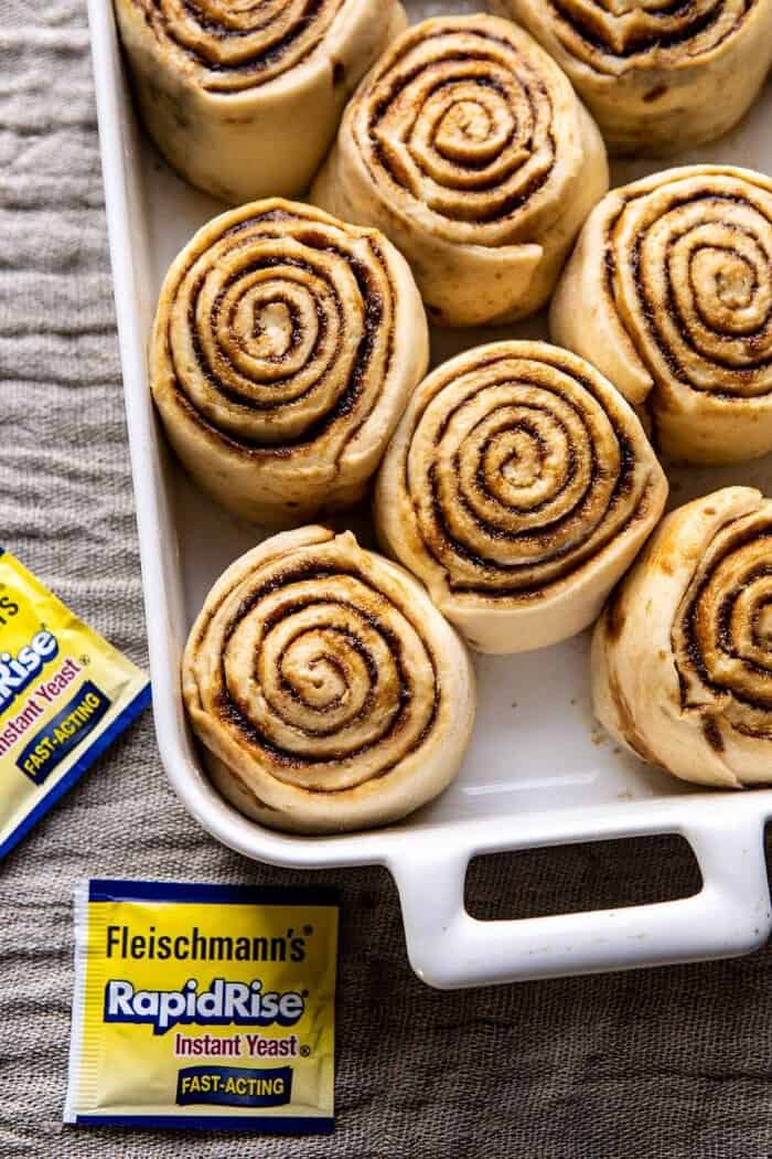 overhead photo of Easy Gingerbread Brioche Cinnamon Rolls before baking