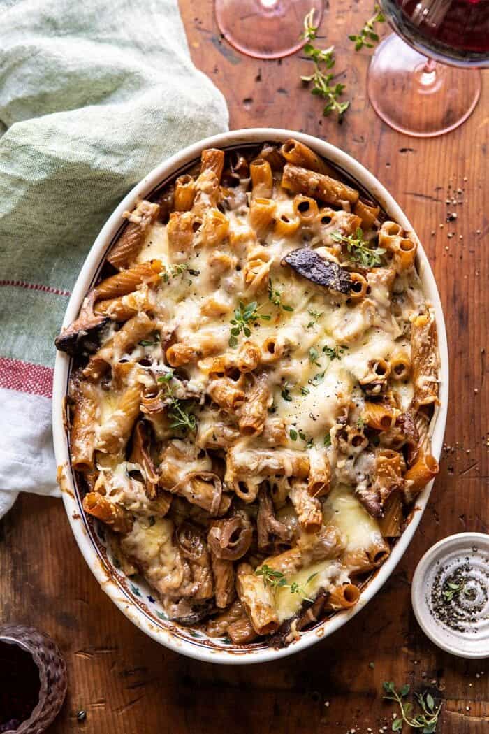 One Pot Creamy French Onion Pasta Bake | halfbakedharvest.com #pasta #frenchonion #easyrecipes overhead photo of One Pot Creamy French Onion Pasta Bake