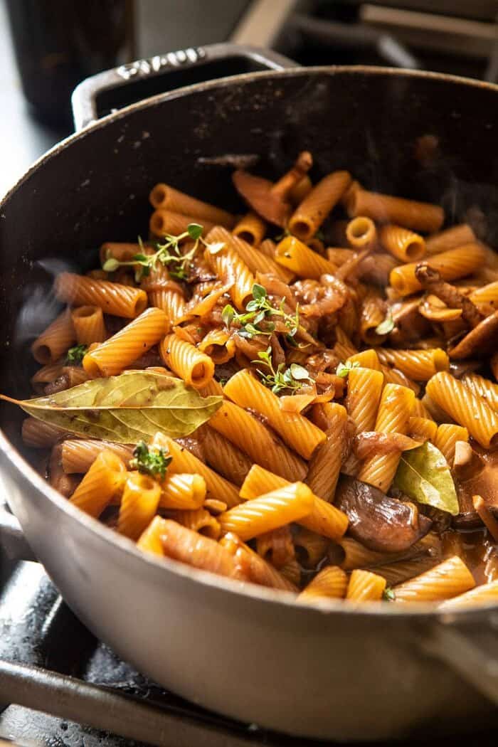 One Pot Creamy French Onion Pasta Bake | halfbakedharvest.com #pasta #frenchonion #easyrecipes One Pot Creamy French Onion Pasta cooking on the stove-top